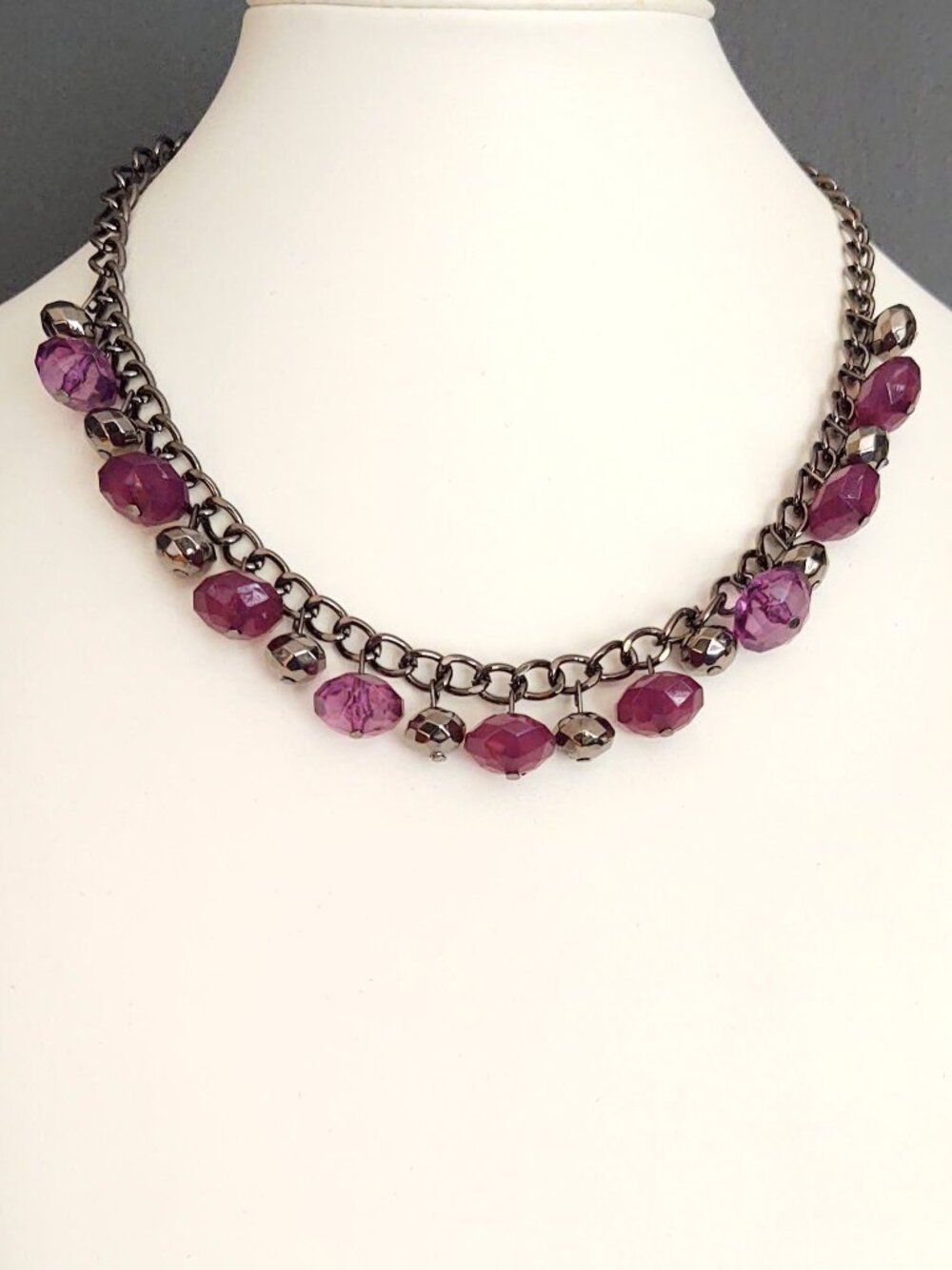 Purple and hematite beaded necklace
